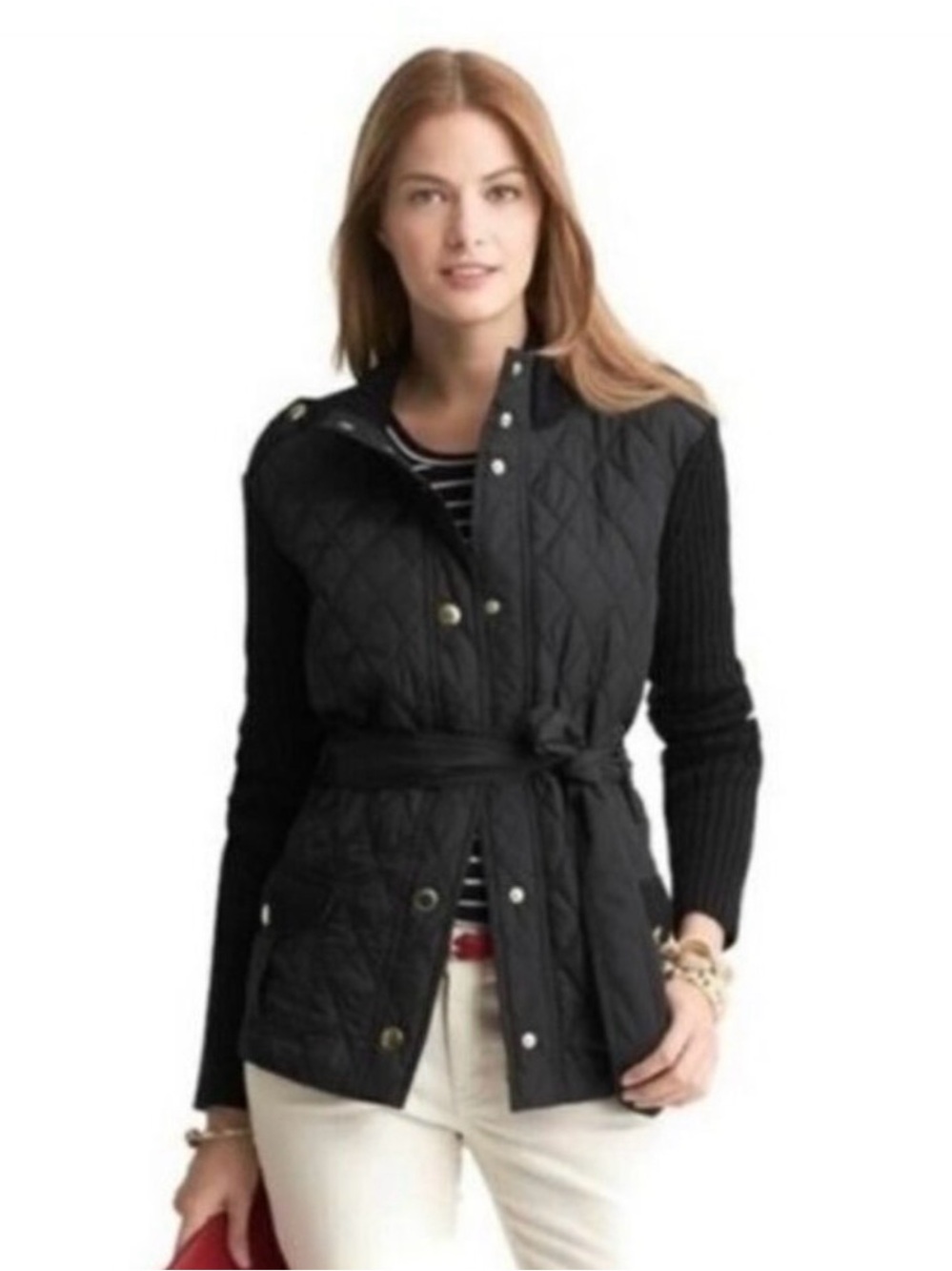 Banana Republic Quilted Jacket Wool Knit Sleeves Belted Black Gold Button Size M